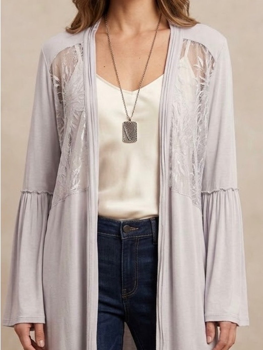 POL Women's Light Gray Lace Duster Cardigan